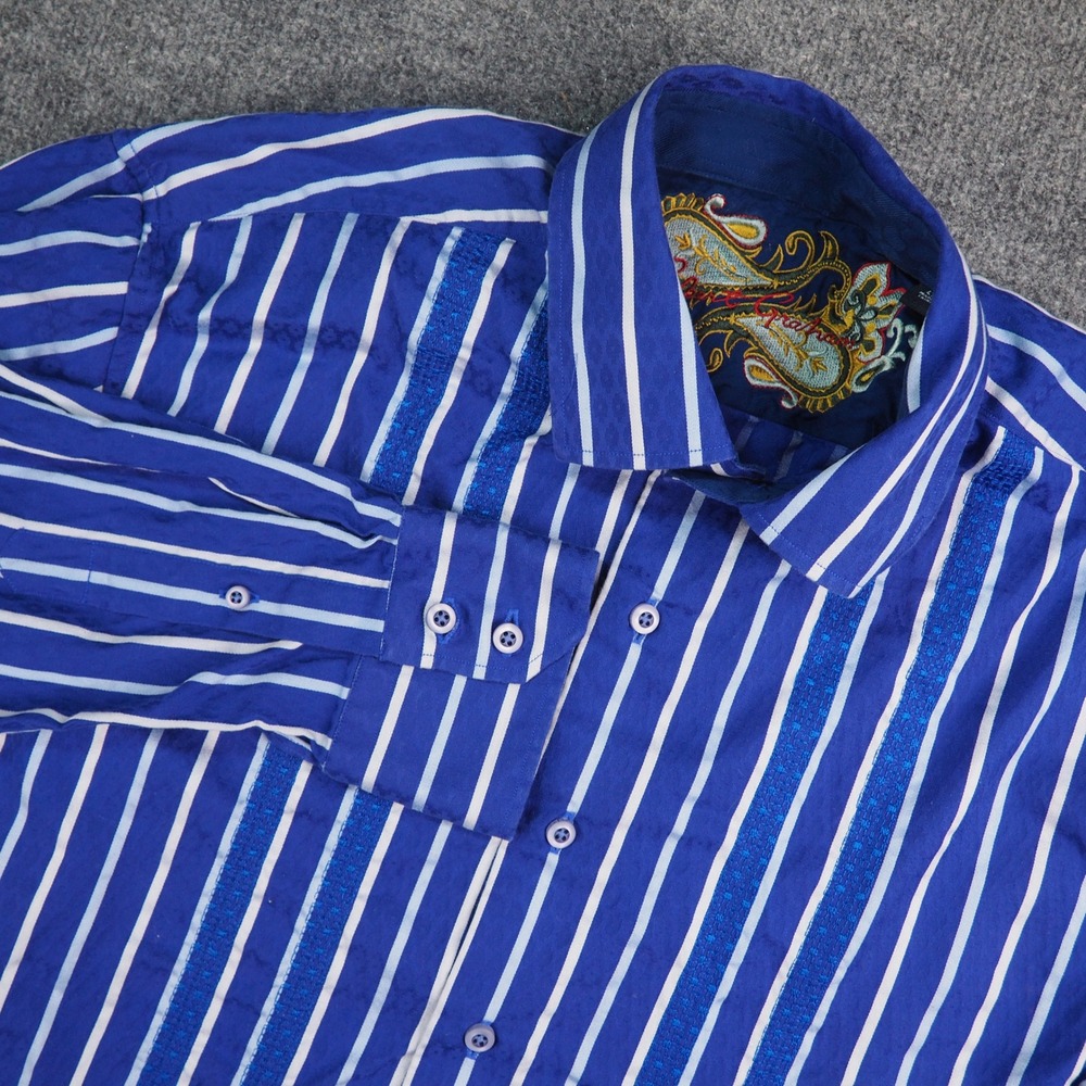 Robert Graham Shirt Mens Large Blue White Striped Paisley Designer Button Down